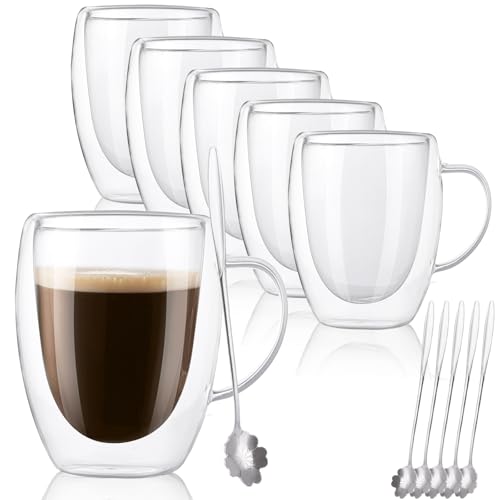 DAJAVE Set of 6 Glass Coffee Mugs 350ml Double Walled Glass Mugs with Handle Coffee Glass Cups for Hot Drinks, Latte, Cappuccino, Tea, Milk, Juice - with 6 Spoons