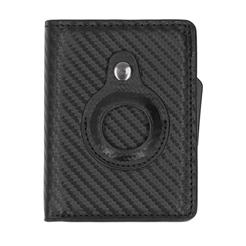 Leather Wallet for Men Women, Wallet Card Bag Aluminum Alloy PU Leather Multifunctional Anti Theft Card Holder for iOS Locator/507 (Color : Carbon Black)