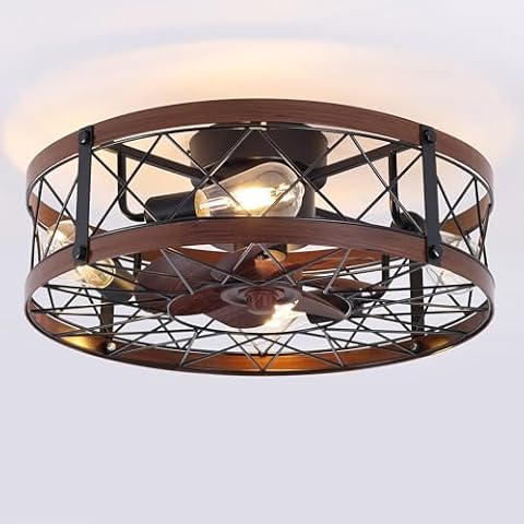 REDSTAR Retro Small Ceiling Fan with Light Remote Control, Ceiling Fans with Lights Flush-Mount, Low-Profile Ceiling Fan with Light, Caged Ceiling Fan with Light Cover