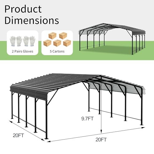 Image of Shintenchi 20x20 FT Metal Carport, Oversized Carport Garage with Enhanced Base, Outdoor Galvanized Car Shelter, Heavy Duty Carports Canopy, for Car, Boats and Tractors, Grey