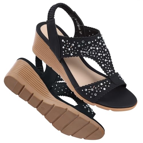 Image of Wedge Sandals Women Dressy: Summer Low Wedges Comfort Sandal - Comfortable Strappy Casual Womens Sandals