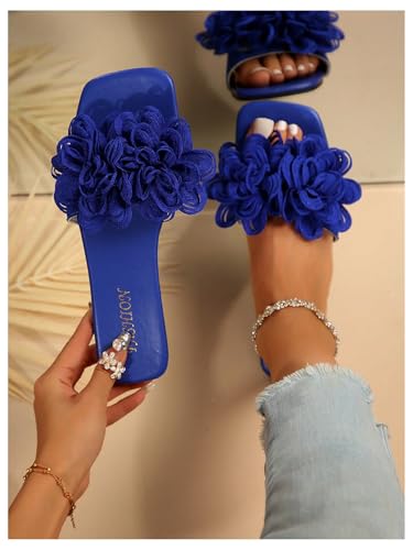 OYOANGLE Women's Flower Appliques Square Open Toe Slide Sandals Dressy Slip on Flat Sandal3