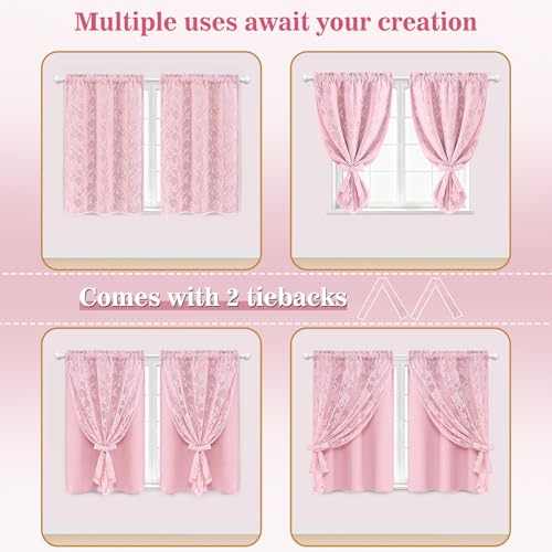 Image of Yinhua Pink Kitchen Curtains 36 Inch Length Double Layer Blackout Curtains for Kitchen Rod Pocket Short Curtain for Windows, Small Window Curtain for Bathroom, Living Room, 2 Panels