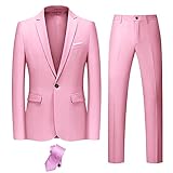 YND Men's Slim Fit 2 Piece Suit, One Button Jacket Pants Set with Tie, Solid Party Wedding Dress Blazer, Tux Trousers, Light Pink