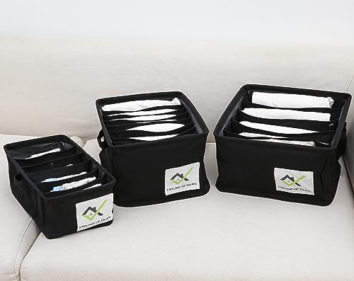 Image of House of Quirk Cotton Linen Set Of 3 Underwear Organizer Set - 5 /6 /9-Compartment Dividers For Closet & Drawer (Black)