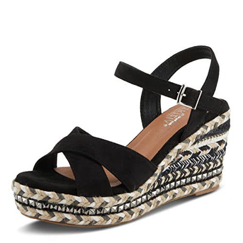 PATRIZIA Women's SLOANE Suede Ankle Strap Espadrille Wedge Sandals – Crisscross Design, Pyramid Stud Accents, Adjustable Buckle Closure