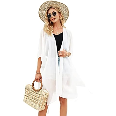 Beach Coverups for Women UK Chiffon Beach Wear for Women Cover ups Beach Ladies Cover up Tunic Women Summer Chiffon Kimono Cardigans for Swimsuit Casual (White) Cover