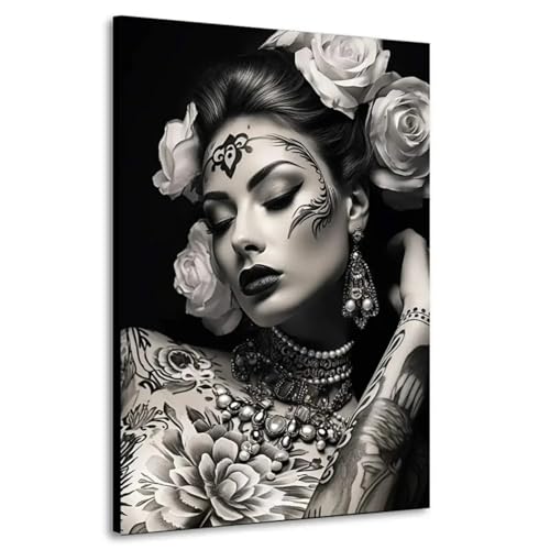 Affiches florales femme tatouée noir et blanc pour salon moderne