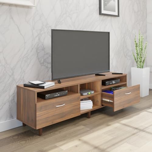 Image of VIKI Modern TV Unit for Living Room | Engineered Wood TV Cabinet with 2 Drawer Storage & 3 Open Shelves, Set Top Box Stand, Entertainment Unit, 160W x 48H x 40D cm | DIY | 1 Year Warranty (Walnut)