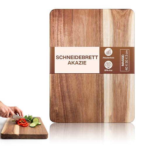 Hochwertiges Schneidebrett aus Akazienholz - Massives Holz Schneidebrett Küche 40 x 30 x 3cm - Küchenbrett aus Holz - Holzschneidebrett groß mit Standfüßen - Groß & Messerschonend