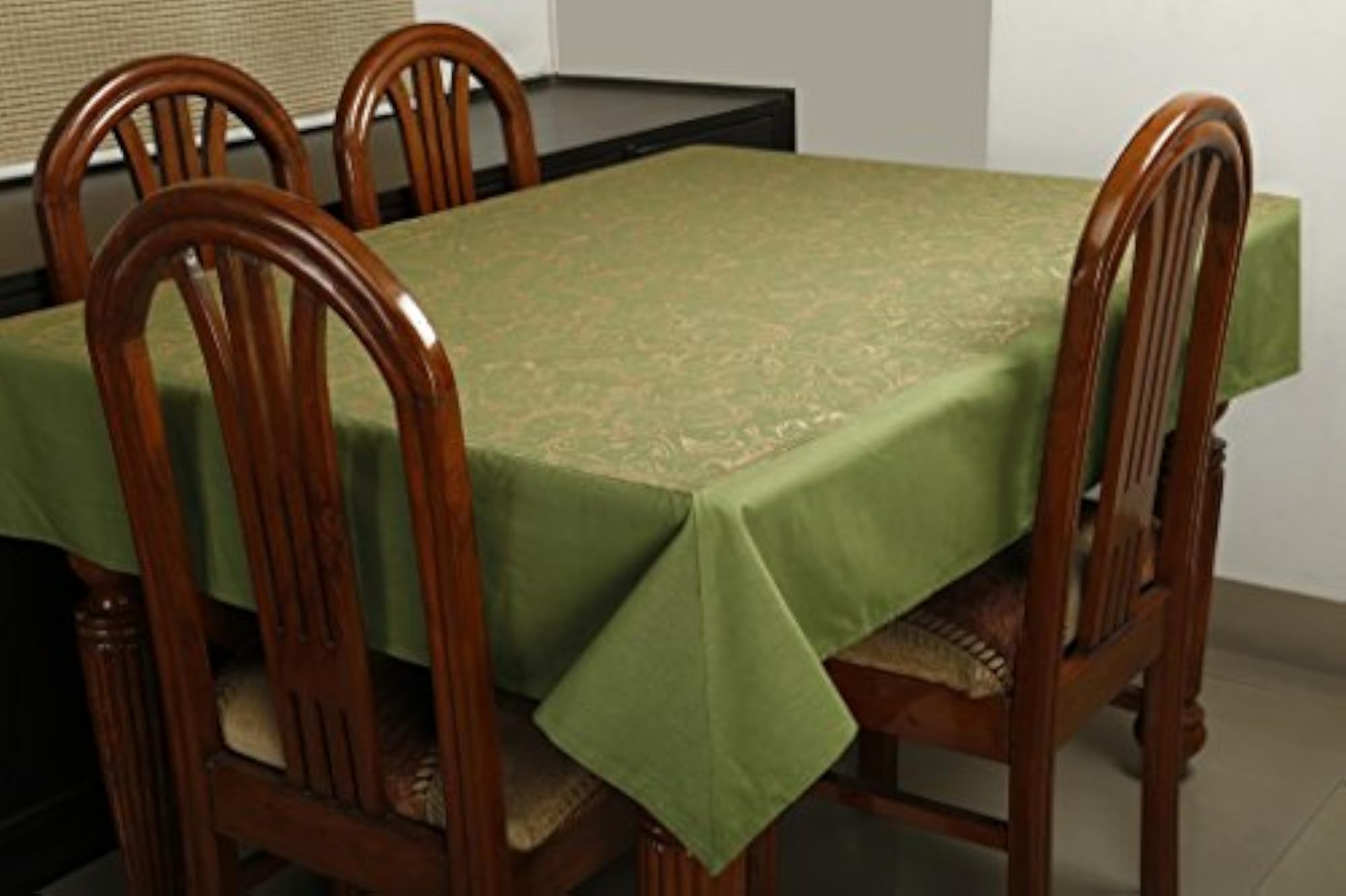 Gold Printed Green Table Cover, Elegant Dining Decor