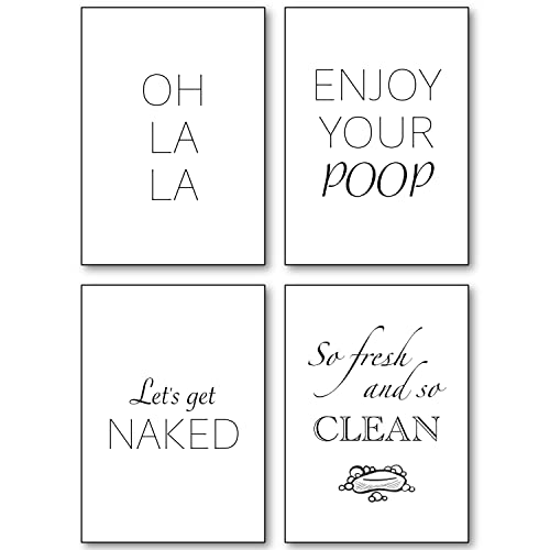 Bartschibär 4 Premium Badezimmer Poster Set - 4 Stilvolle Badezimmer Wandbilder mit Sprüchen Poster Deko (Enjoy your poop, so fresh and so clean, oh la la, lets get naked Cover