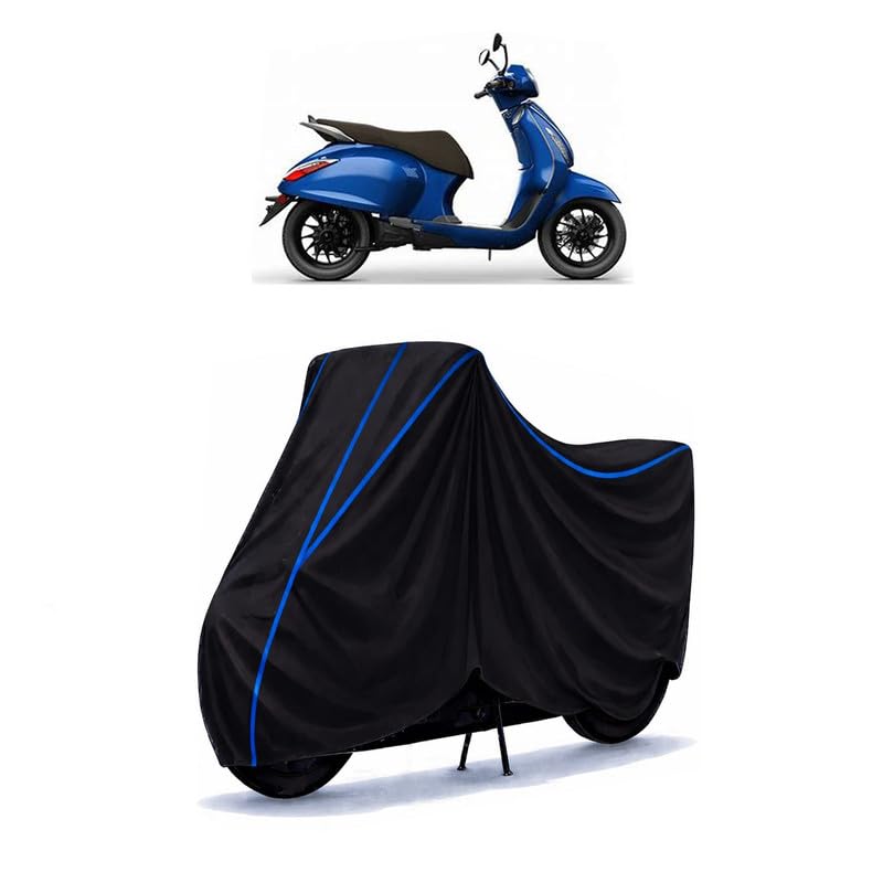 Image of Scooty Cover Water Resistant for Chetak Blue 3202 TecPac | Universal Scooter & Bike Cover | Heavy Duty UV Dust, Rain & Scratch Protection Weather Indoor Outdoor | Black with Blue Piping