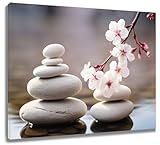 LB Zen Stone Wall Art, Grey Stone with Ocean Cherry Blossom Pink Floral Canvas Wall Art, Abstract Modern Spa Art Wall Art for Living Room Bedroom Bathroom Home Decor Ready to Hanging 12Lx16W Inch