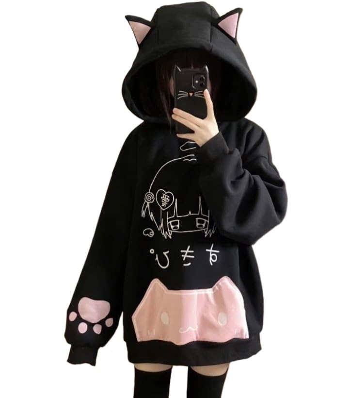 GYPWRCR Women Y2k Harajuku Kawaii Anime Cat Ear Hoodie Coquette Streetwear Preppy Cute Paw Print Oversized Casual Sweatshirt (Black,X-Large)