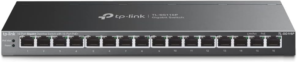 Image of TP-Link TL-SG116P | 16 Port Gigabit PoE Switch | 16-PoE+ Ports @120W | Plug & Play | Extend, Priority & Isolation Mode | PoE Auto Recovery | Fanless | QoS & IGMP Snooping (Pack of 6)