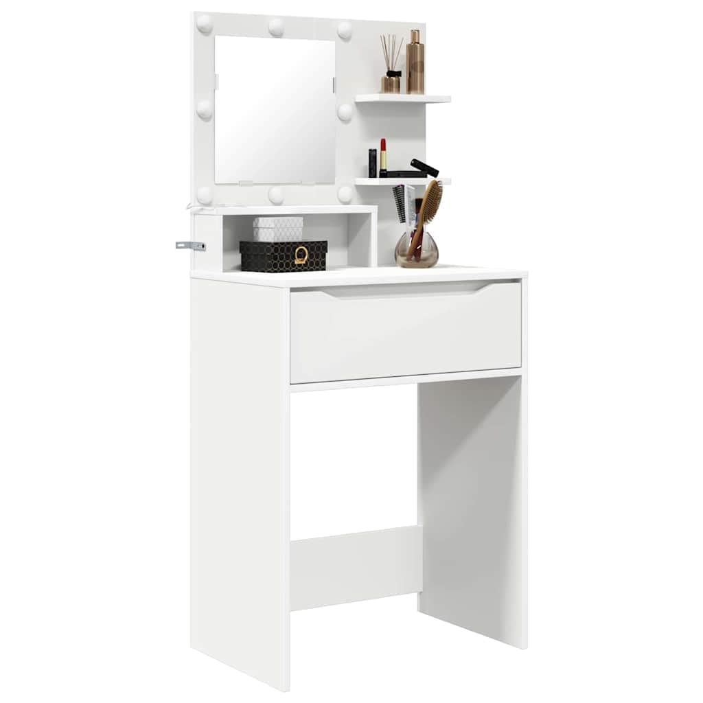 Tavolo da toeletta con specchio e illuminazione a LED, bianco, 80 x 39,6 x 135 cm, in legno con cassetto, vano portaoggetti e tappetino di ricarica wireless, per camera da letto, cameretta