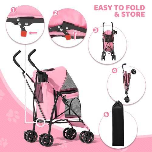 Image of Magshion Compact Fold Pet Travel Stroller for Small Dogs Cats, Pink | Up to 22lbs, 4-Wheel Lightweight Umbrella Shaped Design, Safety Tethers, Breathable Mesh, Cup Holder & Rear Storage