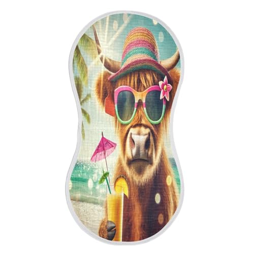 Summer Highland Cow Beach Baby Burp Cloths Muslin Soft Burp Cloth Rags Cotton Burp Clothes Absorbent for Girl Unisex Boy Newborn 1 Pack 22x11 Inches