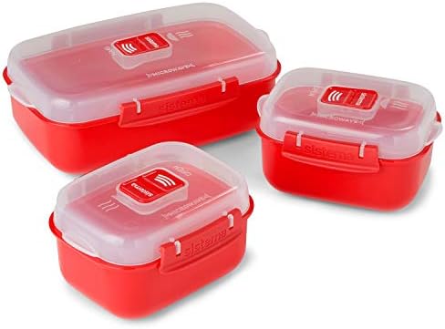 Sistema Microwave Heat and Eat 3 Pack, Red/Clear, Pack of 3 & Round Microwave Dish, Red, 1.3 L