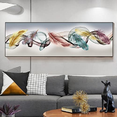 Poster plumes dorées déco de chevet de chambre à coucher et salon moderne 45x130cm