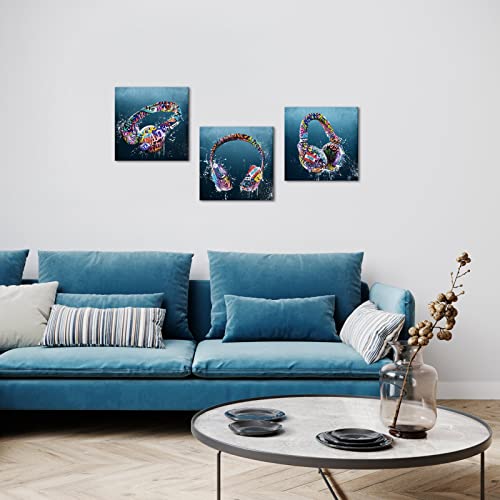 Atgowac Music Room Decor Headphone Graffiti Painting Modern Artwork For Boys Game Room Dj Decor Picture Canvas Prints Music Instruments Decor Framed Ready To Hang (Deep Sea Blue) #TOP2