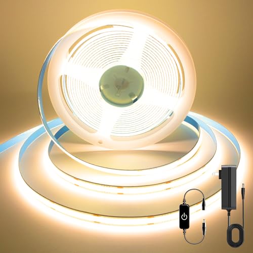 Image of COB LED Strip, Warm White LED Strip Lights 16.4ft, 3000K COB LED Light Dimmable LED Strip, CRI92+, 8mm Width, 24V Flexible COB LED Tape Light for TV, Bedroom, Kitchen Cabinet, Closet, Home.