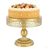 DOUQIFEI Soporte para tartas de hierro dorado, superficie redonda de presentación con patrón de encaje, soporte para postres para bodas, fiestas y celebraciones, color dorado (10 pulgadas)