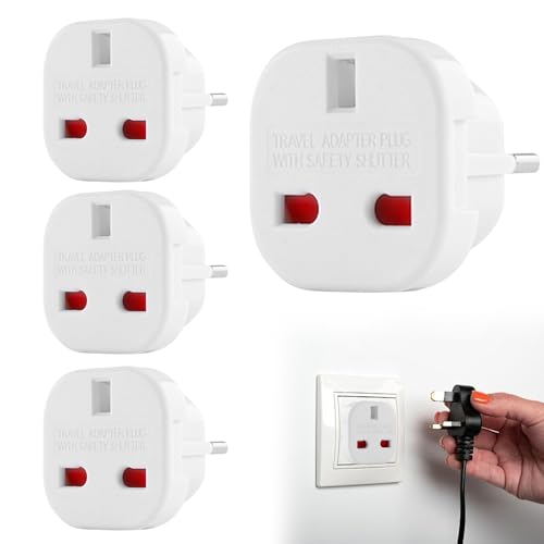PLLYPE UK a EU Adaptador de viaje, 4 unids adaptador de Reino Unido a FR, adaptador de enchufe de Reino Unido a Europa, para Alemania, Irlanda, Países Bajos, Polonia, Suecia, Blanco