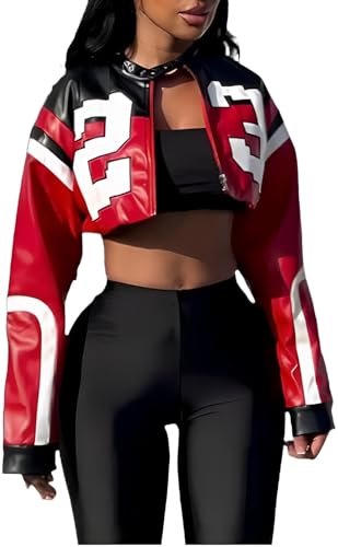 CHEZVOGUE Women's Faux Leather Cropped Motorcycle Jacket Y2K Letter Bomber Jacket Streetwear Style