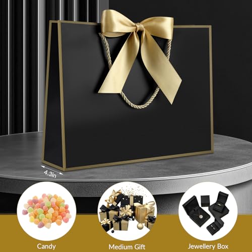 Image of JMANNI Gift Bags with Handles, 13 inch Medium Gift Bag for Presents, 1 Pcs Bags with 2 Tissue Paper and 1 Cards for Graduation Baby Shower Wedding Fathers Day Mother's Day Birthday Party (Golden-Black)
