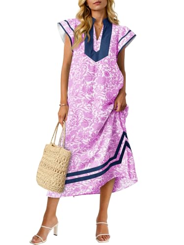 Image of Wenrine Womens Summer Floral Maxi Dress Casual Short Cap Sleeve V Neck Color Block Side Slit Loose Boho Beach Dresses