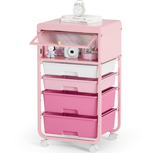 Utility-Rolling-Storage-Drawer-Craft-Cart-Organizers with 4 Drawers & Dust-Proof Door for Kid Craft Art Room,Bedroom,Home Office, Classroom, Rose Pink