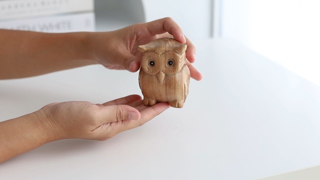 Thai Wooden Hand Carved Wooden Owl Statue, Sculpture Art Decorative Rustic Home Decor Accent Handmade Handcrafted Decoration Natural Color (Owl)