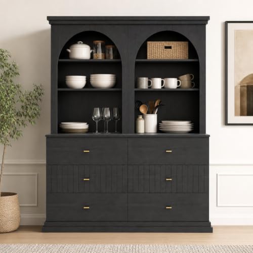 Image of ivaniti 71 inch Arched Kitchen Pantry Cabinet Set of 2 with 6 Drawers, Black Freestanding Storage Hutch with Open Shelves and Gold Handles for Kitchen, Dining Room