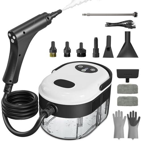 Steam Cleaner, Handheld Steam Cleaner with 6 Levels Adjustable Handle, 1.5L Water Tank, Steamer for Cleaning, Portable Steam Cleaner for Home, Car, Furniture, Couch, Bed Bugs (White & Black)