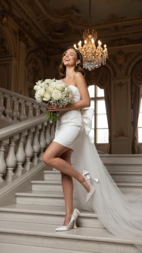 Image of Zzheels Women's Bow Heels Pointed Toe Chunky Pumps | Back Bow, Flare Heels, Block Heels, Bridal Wedding Shoes