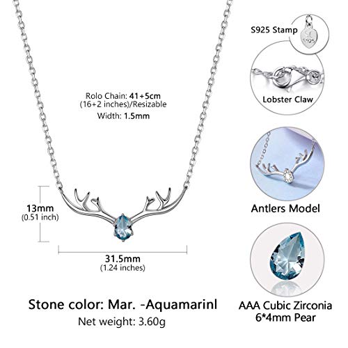 U7 Women Collar Necklace March Birthstone Aquamarine Jewelry Sterling Silver Lucky Reindeer Antler Necklace 16"-18" #TOP4