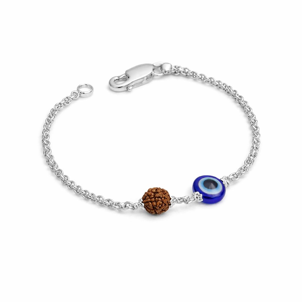 925 Hallmarked Handmade Dual Wire Silver Rudraksha Rakhi for Men & Women with Extension Chain | Rakhi for Brother (6.5 MM Natural Beads) (Brown Colour)-image-31