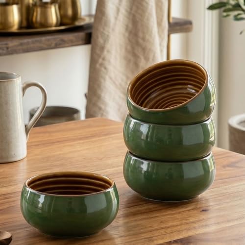 Image of Freakway Ceramic Round Serving Bowls, Green Glaze, Set of 4, 150 ML, Microwave and Dishwasher Safe
