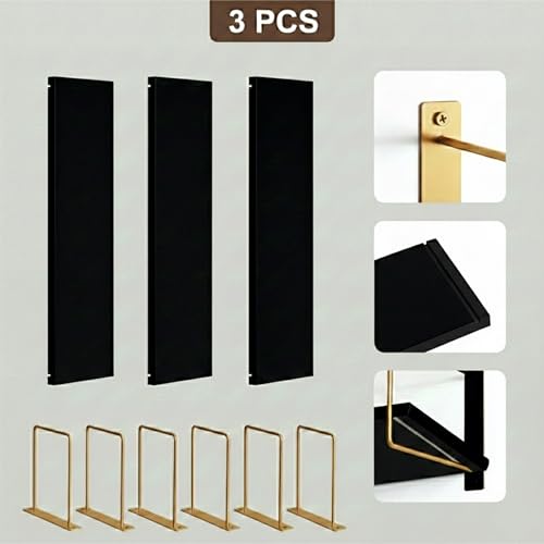 Image of Wall Shelf Mounted Bathroom Shelves Pack of 3, Golden Black Floating Shelves with Metal Brackets, Wall Storage Display Rack Toiletries, Organizer, Kitchen, Bedroom, Living Room 23.5 inch