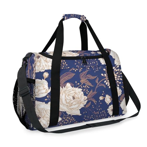 Retro Peony Flower Travel Duffle Bag - Waterproof weekend luggage bag, men's sports and fitness bag, delivery hospital storage bag, overnight luggage bag with pull rod cover