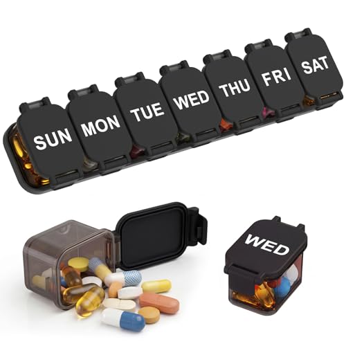 Image of Yaklim Extra Large Weekly Pill Organizer - Waterproof 7-Day Pill Box, Portable Vitamin & Supplement Case, Easy to Open Design, Ideal for Travel and Daily Medication Management (Black)