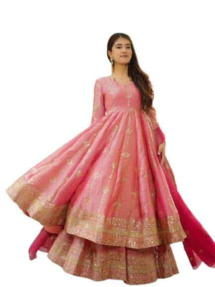 Image of Designer Heavy Crunchy Silk Anarkali Dress for Women | Fully Flared Embroidered Gown with Dupatta | Wedding