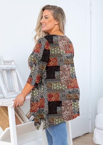 AusLook Plus Size Blouses for Women 3/4 Sleeve Boho Patchchic Brown 5X Crewneck Clothes Pleated Clothing Flowy Tunic Tops Loose Fit Babydoll Maternity Shirts — view 5