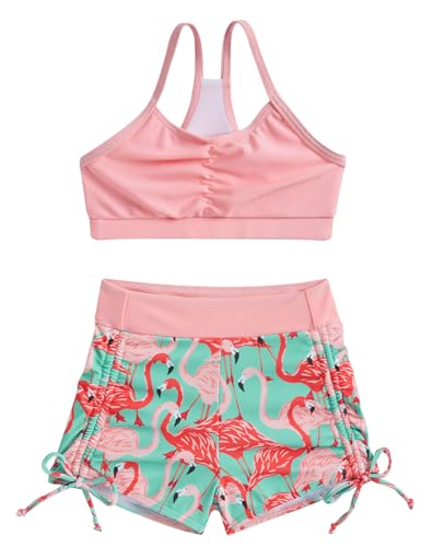 Image of Funnycokid Girls Swimsuit 3 Pieces Zip Rash Guard Bathing Suits Set Kids Bikini Boyshort Summer Swimwear 3-14 Years