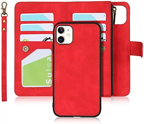 Zouzt Zipper Coin/Cash Wallet Case Compatible with iphone 11,[6 Card Slots] [Wrist Strap] [Stand Feature] Detachable 2 in 1 Magnetic Leather Slim Cover Case for iphone 11-Blue