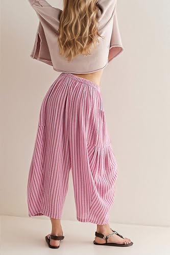 MISSACTIVER Women Summer Striped Harem Pants Flowy Baggy Casual Wide Leg Trousers Drawstring Boho Palazzo Pants with Pockets3