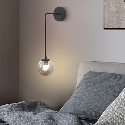 Image of BOKT Modern Smoke Gray Glass Ball Wall Sconce Lighting Mid Century Matte Black Wall Mount Light Fixture Vanity Globe Bathroom Wall Lamp (Black+Smoke Gray)