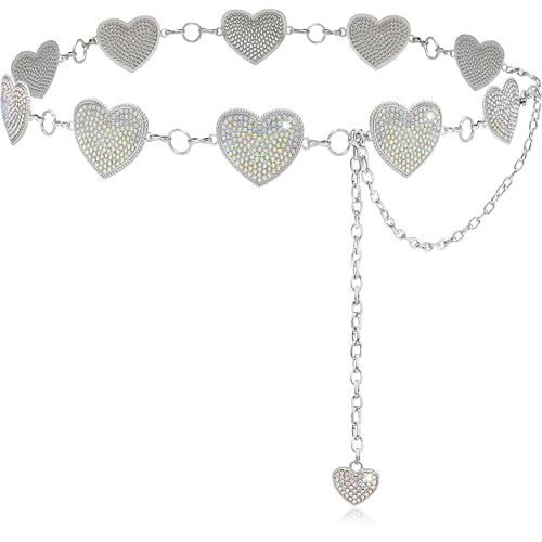 Xiokyo Women’s Rhinestone Heart Concho Belt, Western Crystal Cowgirl Chain, Silver, Adjustable 17